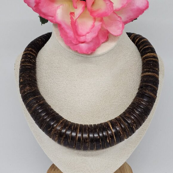 Chunky Graduated Brown Wood Disc Beaded Statement Bohemian Necklace 19" - Picture 11 of 12